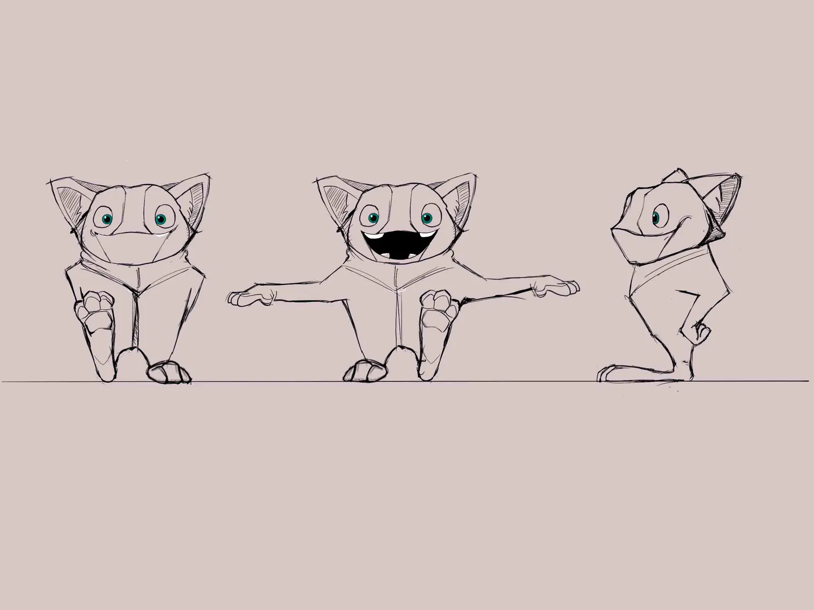 KidICA concept sketches of the cat character in front, T-pose and side view