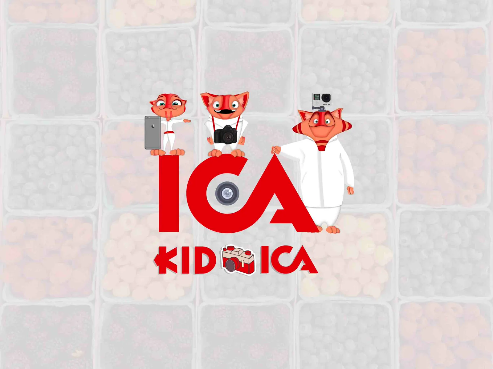 KidICA key art, the three cat characters Cez, Ias and Ade with their cameras on top of the ICA logo
